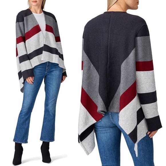 THAKOON Stripe Wool Blend Draped Knit Colorblock Cardigan Sweater Blanket Coat L - Picture 2 of 10